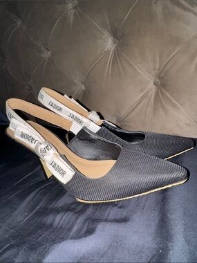 Dior Black Pointed Slingback Heels with White J'ADIOR Strap